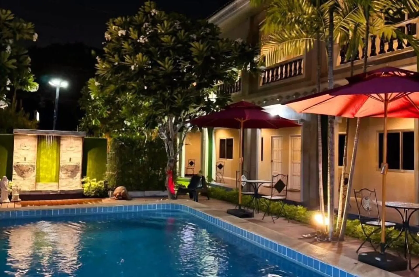 Poolside terrace at night